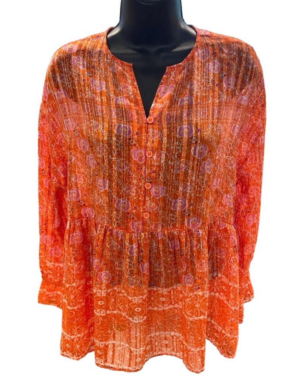 RD & Koko Medium Orange Pink Floral Long Sleeve Boho Blouse Lightweight Cottage